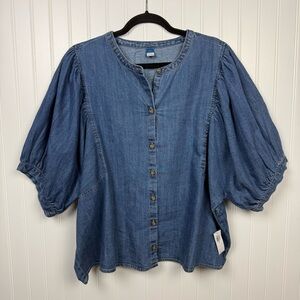 NWT 2XL Denim Puff Sleeve Button Front Blouse 100% Cotton